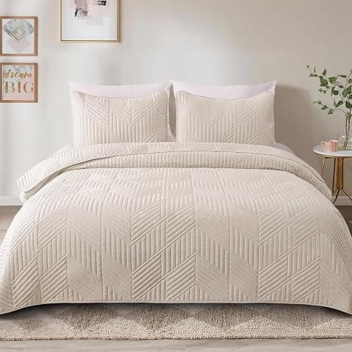 Exclusivo Mezcla Ultrasonic Twin Quilt Bedding Set, Lightweight Brich Beige Bedspreads Soft Modern Geometric Coverlet Set for All Seasons (1 Quilt and 1 Pillow Sham) thumbnail 2