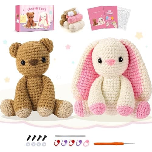 Easter Crochet Kit for Beginners, Bunny and Bear Crochet Kit with Step-by-Step Video Tutorials, Crocheting Kit for Starter, Beginner Crochet Kit for Adult, Stuffed Animal Knitting Kit for Valentines - Image 1