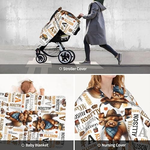 Personalized Baby Western Highland Cow Car Seat Canopy for Babies,Custom Name Car Seat Covers for Boys Girls,Universal Fit for Infant & Toddler & Newborn Breathable Multi-Use Stroller Cover All-Season thumbnail 7