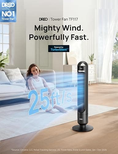 Dreo Tower Fan for Bedroom, 90° Oscillating Standing Fans for Room with 4 Speeds, 3 Modes, 28dB Quiet for Sleep, 25ft/s Velocity, 8H Timer, Remote, Living Room, Office, Home, Black, TF117 thumbnail 3
