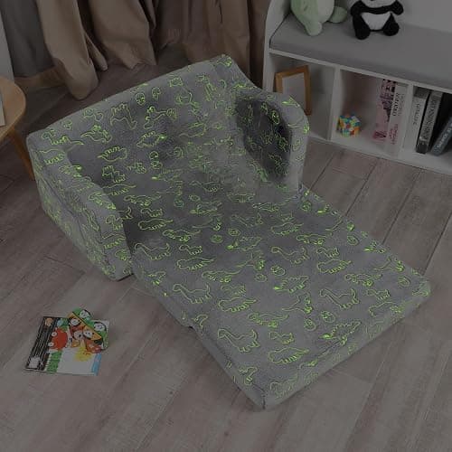 MOMCAYWEX Kids Sofa, 2-in-1 Flip-Out Foam Couch with Soft Sherpa Cover, Cozy Play Lounge Chair, Extra Wide, Glow in The Dark Grey thumbnail 4