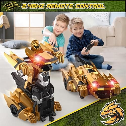 Kroyedfuw Dinosaur Transform Rc Cars, 2.4Ghz Remote Control Car Transforming Robot with Flashing Light, 360° Rotation One Button Deformation Car Toy Gifts for Boys Age 4-7 8-12 thumbnail 7