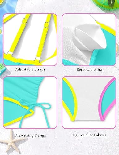 TyeSmo Girls Swimsuit One Piece Bathing Suit Color Block Strap Swimwear Drawstring Swimsuits for Teens 9-16Y with Padded thumbnail 5