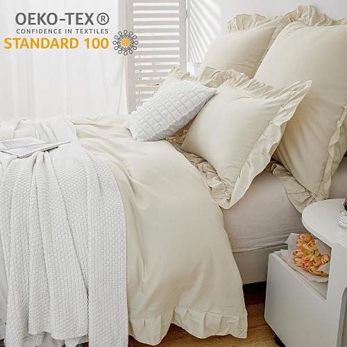 TOCOMOA Rüschen Bettwäsche 135x200 Mädchen, Aesthetic Bettwäsche-Sets Mikrofaser, Öko-Tex Zertifiziert, Weich Beige Bettbezug mit Reißverschluss, Kopfkissenbezug 80x80cm thumbnail 3