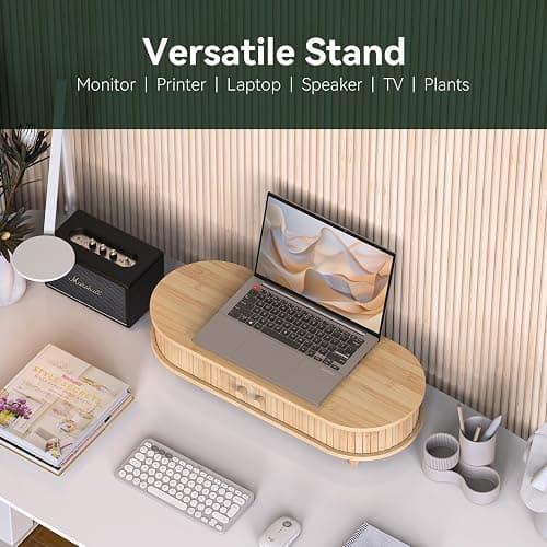 WELL WENG Bamboo Monitor Stand with Storage, Curved Computer Laptop Stand Desk Shelf Organizer with Sliding Doors (25 inch) thumbnail 4