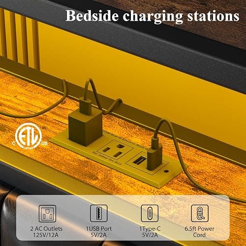 Full Size Bed Frame and Upholstered Storage Headboard, LED Light, Black | Built-in Charging Station, Wheeled Under-bed Drawers, Heavy-Duty Metal Slats, Noise-Free, Easy Assembly, No Box Spring Needed thumbnail 7