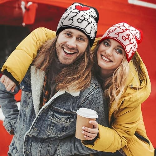 Supaico Men Women Y2K Beanies Gothic Graphic Knitted Hat Winter Warm Beanies Casual Outdoor Skull Cap - Red White Tt - Beanie thumbnail 3