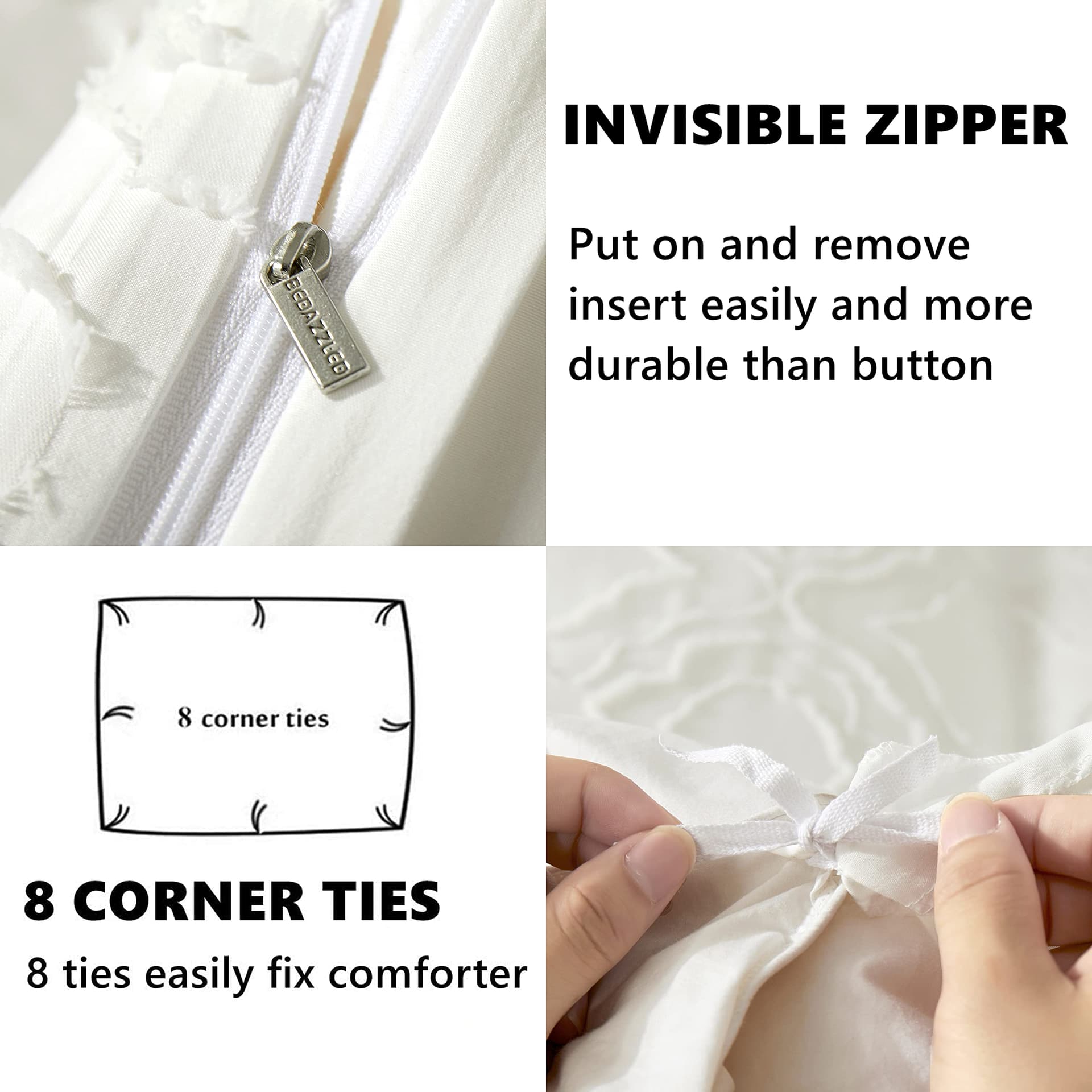Quilt Cover King Size, Shabby Chic Tufted Beige Duvet Cover Set, 3PCS Soft and Breathable Textured Boho Bedding Set with Zipper Closure (White, King) thumbnail 3
