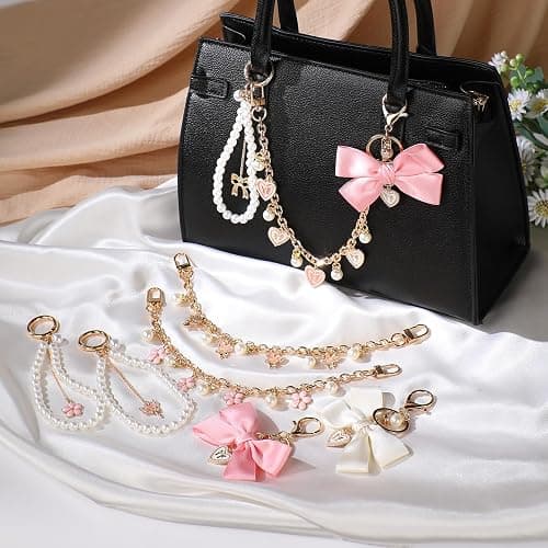 LuneClat 3Pcs Heart Pearl Purse Extender Chain - Gold Replacement Bag Charm with Enamel Flower, Pink Bow Peal Keychain for Women Crossbody Handbags Purses Making Accessories thumbnail 3