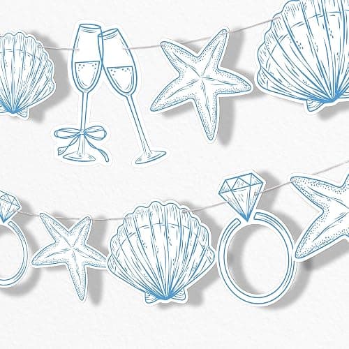 Big Dot of Happiness Last Toast on The Coast Banner, Beach Bridal or Bachelorette Party Decor, 30 Feet of Cord, 15 Double-Sided Seashells, Champagne Glasses, Wedding Ring Shaped Pieces - Image 1