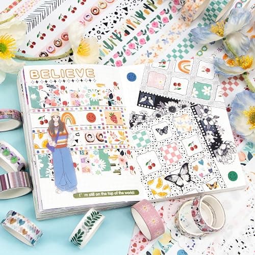 55 Rolls Holiday Washi Tape Set - Decorative Tape Seasonal Bohemian Colored Tape, Cute Washi Tapes for Journaling Supplies, Scrapbooking Supplies kit, Summer Scrapbook Supplies thumbnail 6
