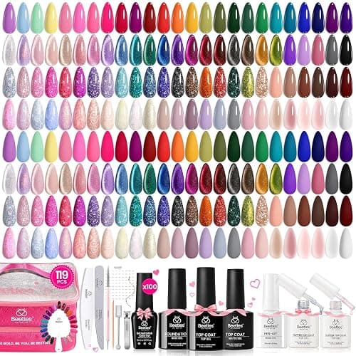 Beetles 119 PCS Gel Nail Polish Set - 100 Colors Nail Polish Kit Cat Eye Pink Blue Jelly Glitter Pearl Gel Polish & 5Pcs Base Top Coat Soak off UV Manicure Nail Art Home Valentines Gifts for Women - Image 1