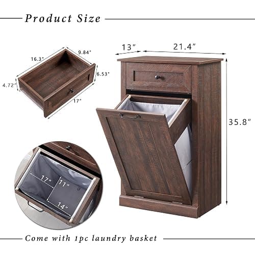 IFGET Tilt Out Trash Can Cabinet, 10 Gallon Farmhouse Laundry Hamper Cabinet with Drawer, Hidden Wooden Trash Garbage Can Bin with Storage Basket for Kitchen, Living Room (Brown) thumbnail 2