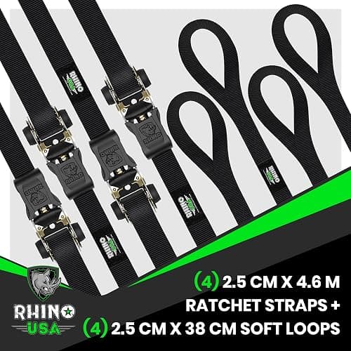 Rhino USA Ratchet Straps Tie Downs (4-Pack) - 1 Inch x 15 Feet (1,823lb Break Strength) - Ultimate Tie Down Straps with Safety S Hooks - for Trucks, Cargo, Moving, Appliances - Black thumbnail 4