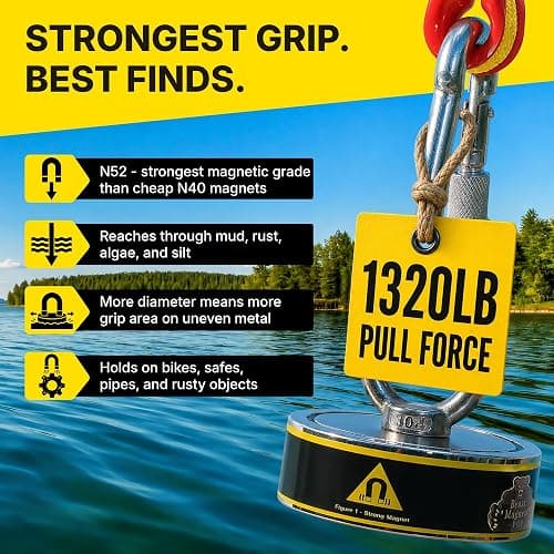 1320LB’s Complete Magnet Fishing Kit | Double Sided Fishing Magnet Kit with Case | Includes Strong Neodymium N52 Magnets, Durable 65ft Rope, Carabiner, Gloves, Grappling Hook & Carry Case thumbnail 2