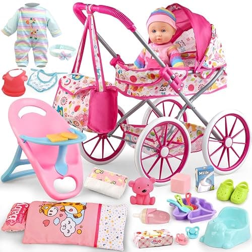 Baby Doll Stroller Toys Set with 12.5" Baby Doll,Dining Chair,Quilt Pillow,24 PCS Doll Accessories and 2 Sets Doll Clothes,Baby Stroller Toys for Girls Toddlers 3-5 4-6 5-7 Gifts for Pretend Play - Image 1