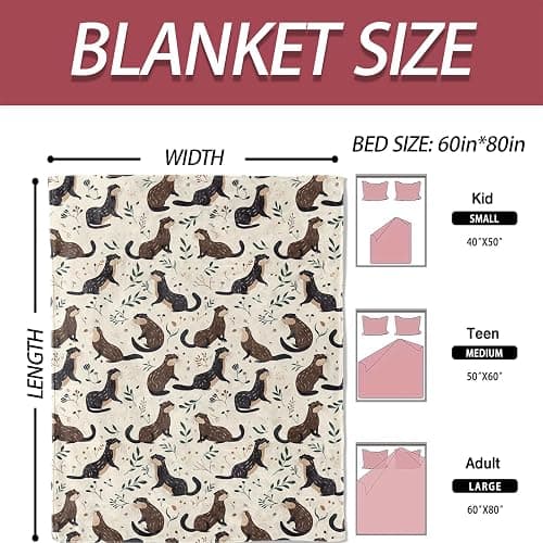 ICAAV Cute Otter Blanket 50×60 Inch,Minimalist Hand-Drawn Style Lightweight Flannel Throw with Brown and Black Otters Among Leaves, Nature Animal Decor,Gifts for Adults, Teens thumbnail 3