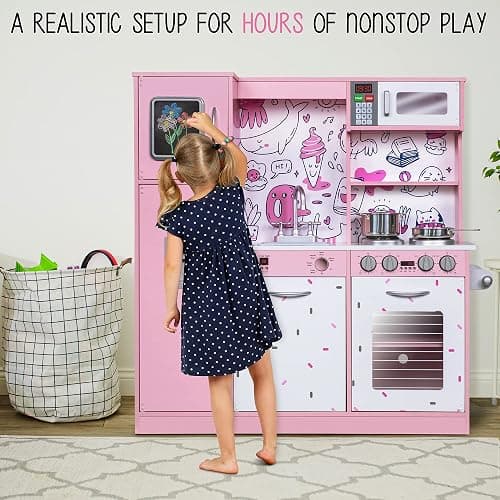 Lil' Jumbl Kids Kitchen Set, Pretend Wooden Play Kitchen, Battery Operated Icemaker & Microwave with Realistic Sound, Pots & Pan Included - Pink - Regular - Pink 2 thumbnail 5