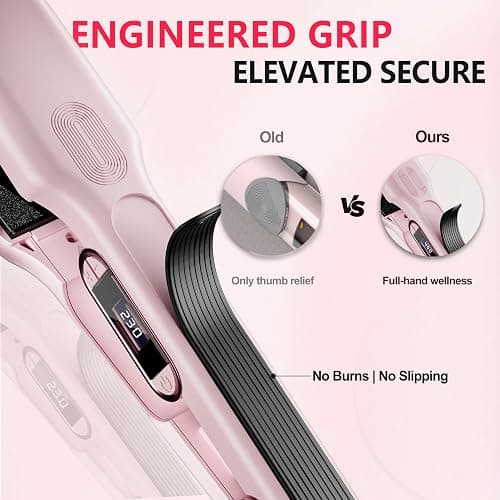 HeirPro Ceramic Flat Iron Hair Straightener with 3D Floating Plate,Hair Iron Straightener with 15 Temps for Thick Hair | Ergonomic Silicone Handle | LCD Display | Dual Voltage (Light Pink) thumbnail 4