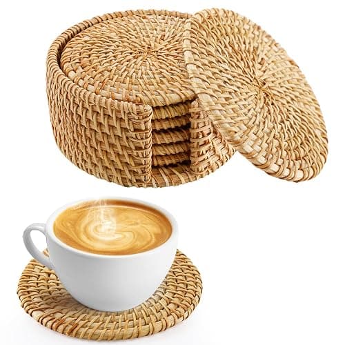 6pcs Natural Handmade Rattan Coasters with Holder - Wicker Drink Coasters Set, Housewarming Gifts Boho Summer Home Coastal Decor - Image 1