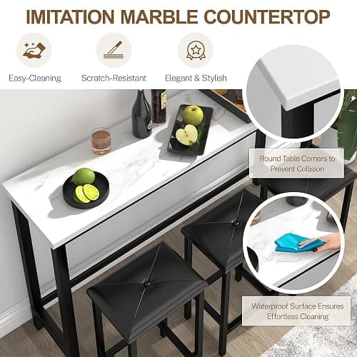 COCLUB Bar Table Set for 3, 60.2” Faux Marble Behind Couch Table Set, Modern Sofa Table with 3 Upholstered PU Stools, Space-Saving Bar Tables and Stools for Home, Apartment, Small Spaces (Black) thumbnail 6