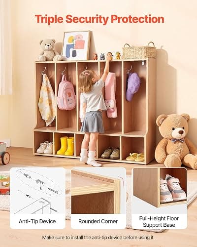VEVOR 5-Section Coat Locker with Bench, Kids Lockers with 10 Hooks & Non-Slip Mat, Classroom Cubbies for Daycare, Home, Kindergarten- Natural thumbnail 6