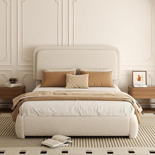 Konprosp Full Bed Frame, Teddy Velvet Boucle Bed Frame with 43.3"/45.3" Adjustable Upholstered Headboard, Rounded Corners, Mattress Foundation, No Box Spring Required, Beige thumbnail 4
