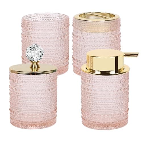 FEILANDUO Bathroom Accessories Set,4Pcs Glass Bathroom Accessories,Vanity Bathroom Decor, Soap Dispenser, Toothbrush Holder Set, Apothecary Jar, Gift for Home Apartment (Pink) - Image 1