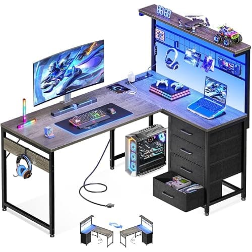 MOTPK L Shaped Gaming Desk with Shelf & 4 Drawers, 43" Reversible Computer Desk with LED Light, Home Office Table with Hutch and Hook, Oak Grey - Image 1