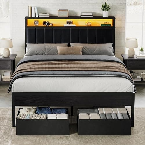 AMERLIFE Queen Bed Frame with LED Light and 2 Storage Drawers, Metal Platform Bed with Storage Headboard, Velvet Upholstered, Heavy-Duty Slats, No Box Spring Needed, Easy Assembly, Black - Image 1