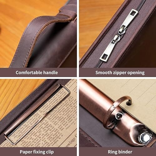 Handmade Genuine Leather Portfolio, Zippered Padfolio with 3 Ring Binder, Professional Business Organizer, Resume Folder, Notebook Organizer with Tablet Document Holder for Men, Women, Business Trip thumbnail 6