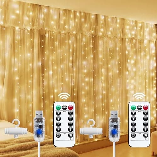 Brightown 300 LED Fairy Curtain Lights, 9.8ft x 9.8ft String Lights, USB Plug in 8 Lighting Modes Christmas String Hanging Lights with Remote for Bedroom Indoor Outdoor Party Xmas Warm White 2 Pack - Image 1