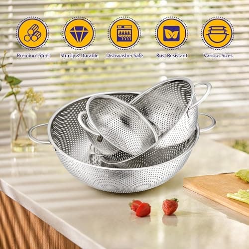 E-far Stainless Steel Colander Set of 3 (1-3-5Quart), Micro-Perforated Metal Colander Strainer with Handle for Kitchen/Draining Pasta/Rinsing Vegetables Fruits, Heavy Duty & Dishwasher Safe - 1 + 3 + 5 QT thumbnail 6
