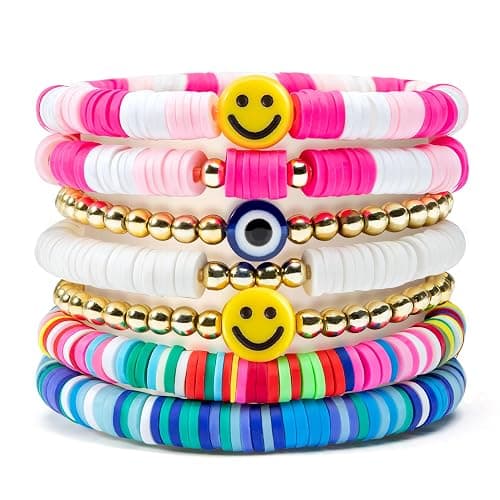 Y1tvei 7Pcs Heishi Surfer Bracelets Set Colorful Preppy Smile Evil Eye Beaded Stretch Bracelets Clay Stackable Boho Disc Y2K Aesthetic Summer Beach Bracelets - Image 1