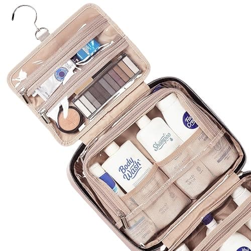 NISHEL Travel Toiletry Bag for women, Portable Hanging Organizer for Full-Sized Shampoo, Conditioner, Brushes Set, Makeup Accessories, Large Size, Pink thumbnail 4