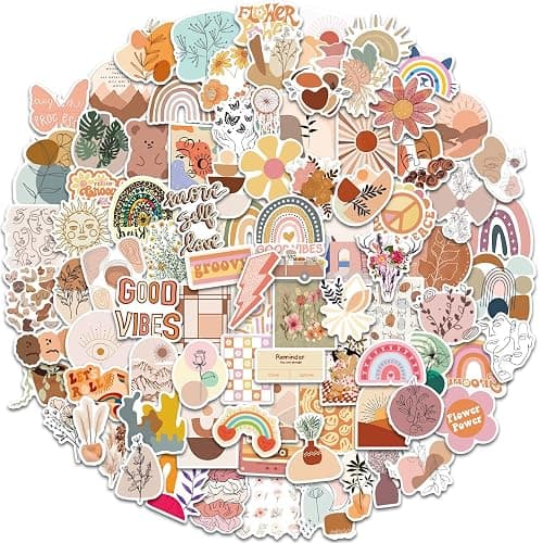 Amitorfo 100pcs Boho Aesthetic Stickers for Water Bottles & Laptops – Waterproof PVC, 5–7 cm – Retro Rainbow, Floral, Line Art & Sun Decals – Cute VSCO Vinyl Stickers for Teens, Students & Adults - Image 1