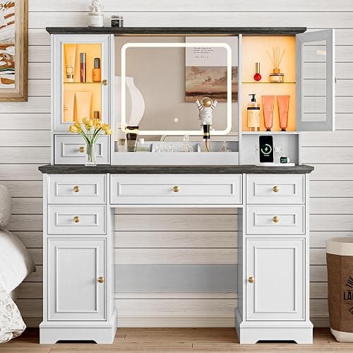 Xixini 43.3" Farmhouse Vanity Desk with LED Mirror, RGB Cabinets, White | Makeup Vanity Table with 6 Drawers, Storage Cabinets & Open Shelves, Power Outlet, 3 Light Modes & Dimmable for Women & Girls - Image 1