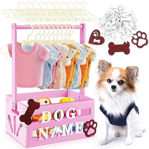 Teenyyou 20" x 13" x 9" Wooden Dog Closet Pet Wardrobe Crate Box with Hanging Rods and Personalized Alphabet Letters Easy Assembly Baskets for Dog Cat Toys Clothes Accessories(Pink) - Image 1