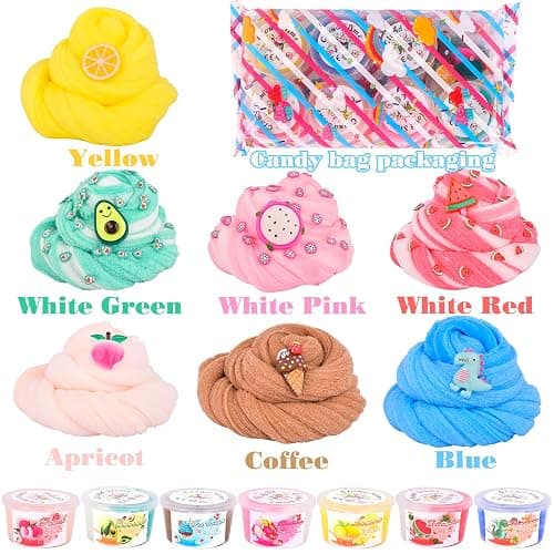7 Pack Mini Cloud Slime Kit,With Peach Watermelon Avocado Dinosaur Slimes Charms Set,Fluffy Slime for Girls and Boys,Stress Relief Toy for Kids Education,Party Favor,Gift and Birthday thumbnail 7