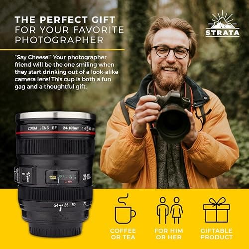 STRATA CUPS Camera Lens Coffee Mug -13.5oz | (2 LIDS + SPOON + BAG) Gift for Him, Dad Gifts, Photography, Camera accessories, Novelty Gifts thumbnail 5
