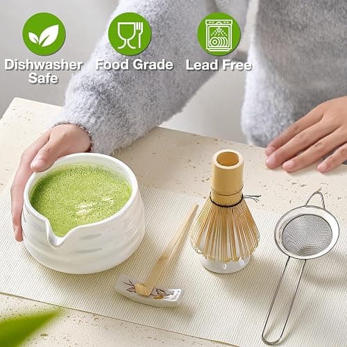 Matcha Whisk Set, Japanese Tea Set (5pcs) includes Matcha Bowl with Spout (19 oz), Bamboo Whisk and Matcha Scoop, Whisk Holder, Stainless Steel Sifter, Tea Making Tools, Matcha Kit thumbnail 6