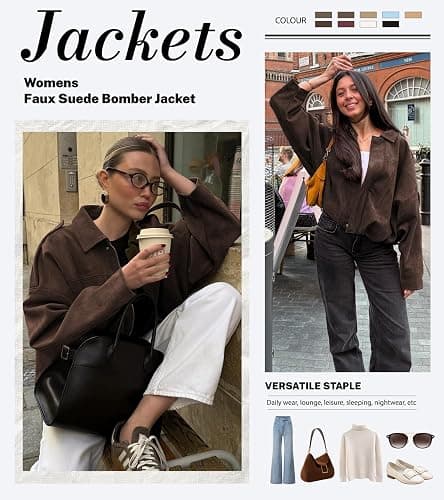 Bnigung Womens Faux Suede Bomber Jacket Oversized Long Sleeve Cropped Coat | Lightweight Going Out Suede Jackets, 2 Pockets, Lapel Collar, Batwing Sleeve, Zip up, Outerwear for Casual Daily Vacation thumbnail 5