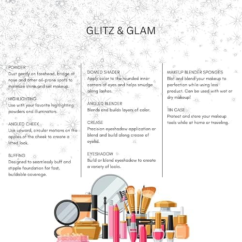 Glitz & Glam 11-Piece Full Face Makeup Brush & Sponge Set with Reusable Storage Tin (Silver) thumbnail 2