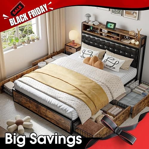 EnHomee Full Bed Frame with 4 Storage Drawers and Headboard Upholstered Bed Frame Full Size with Charging Station, No Noise, Metal Support, No Box Spring Needed,Vintage Brown thumbnail 5