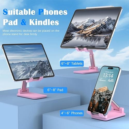 HZZADZXW Cell Phone Stand, Adjustable Angle and Height Cell Phone Holder for Desk, Foldable and Portable, Anti-Slip Silicone Pad, Compatible with All Mobile Phones and 4-8 Inch Devices, Pink thumbnail 2