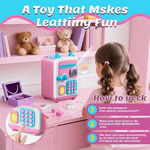 【Upgraded】 Piggy Bank, Face ID Password Unlocking Electronic Kids Bank ATM Security Unlocking Cash Coin Bank Toys Gifts for Kids, Coin Bank for 3 4 5 6 7 8 9 10 11 12 Year Old Girls Boys thumbnail 5