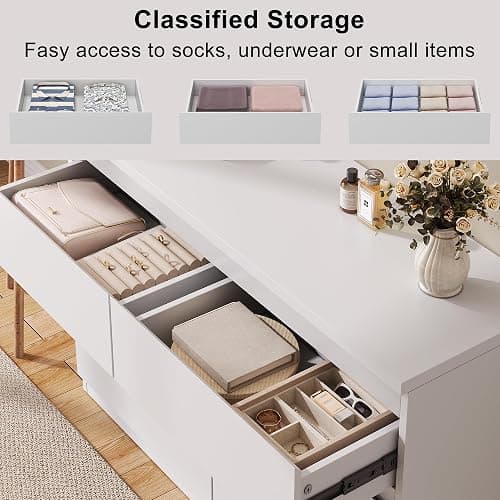 Jocoevol White 6 Drawer Dresser for Bedroom, 15.3" D x 47.2" W x 32.3" H in Simply Modern Chest of Drawers, Wood Storage Double Dresser with Deep Drawers for Living Room, Hallway Entryway, White thumbnail 3