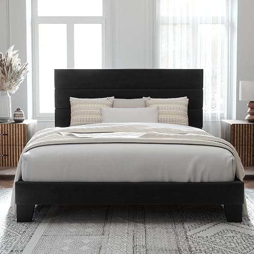 Allewie Queen Size Platform Bed Frame with Velvet Upholstered Headboard and Wooden Slats Support, Fully Upholstered Mattress Foundation/No Box Spring Needed/Easy Assembly, Black thumbnail 3