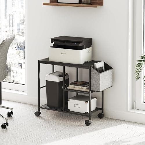 MAHANCRIS Printer Stand with Storage Bag, 3-Tier Mobile Under Desk Printer Cart with Wheels, Wooden Rolling Printer Table, Organizer Shelf for Study, Office, Living Room, Black PTHB2201 thumbnail 4