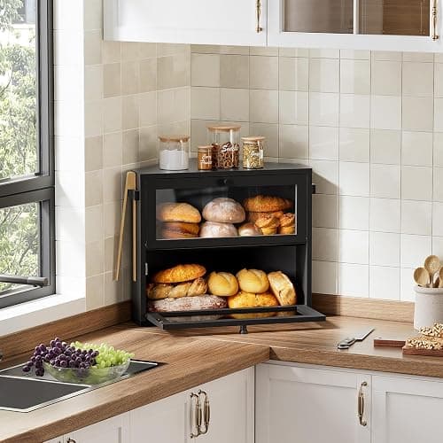 WOWLIVE Corner Bread Box for Kitchen Countertop, Large Double Layer Bread Storage Container for Homemade Bread, Black Bread Holder for Kitchen Counter, Under Cabinet Organizer (Black, Medium) thumbnail 2
